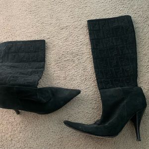 Black suede Fendi logo knee high boots